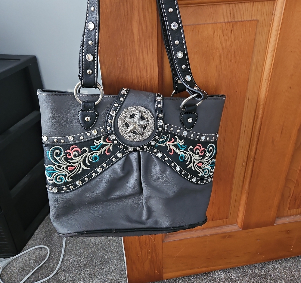 Gray Embroidered Star-Accent Shoulder Tote